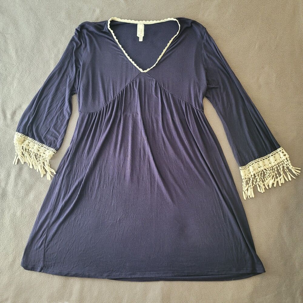 Lovely Souls Plus Size 3XL Navy Blue Boho Crochet Lace Fringe Tunic Dress USA